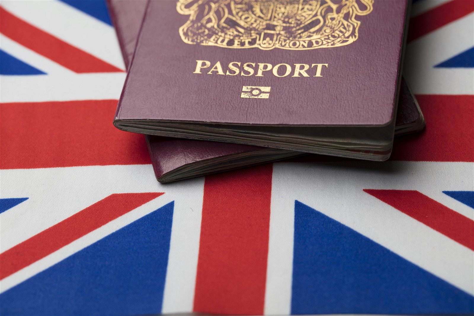 United Kingdom passport with Union Jack Great Britain flag